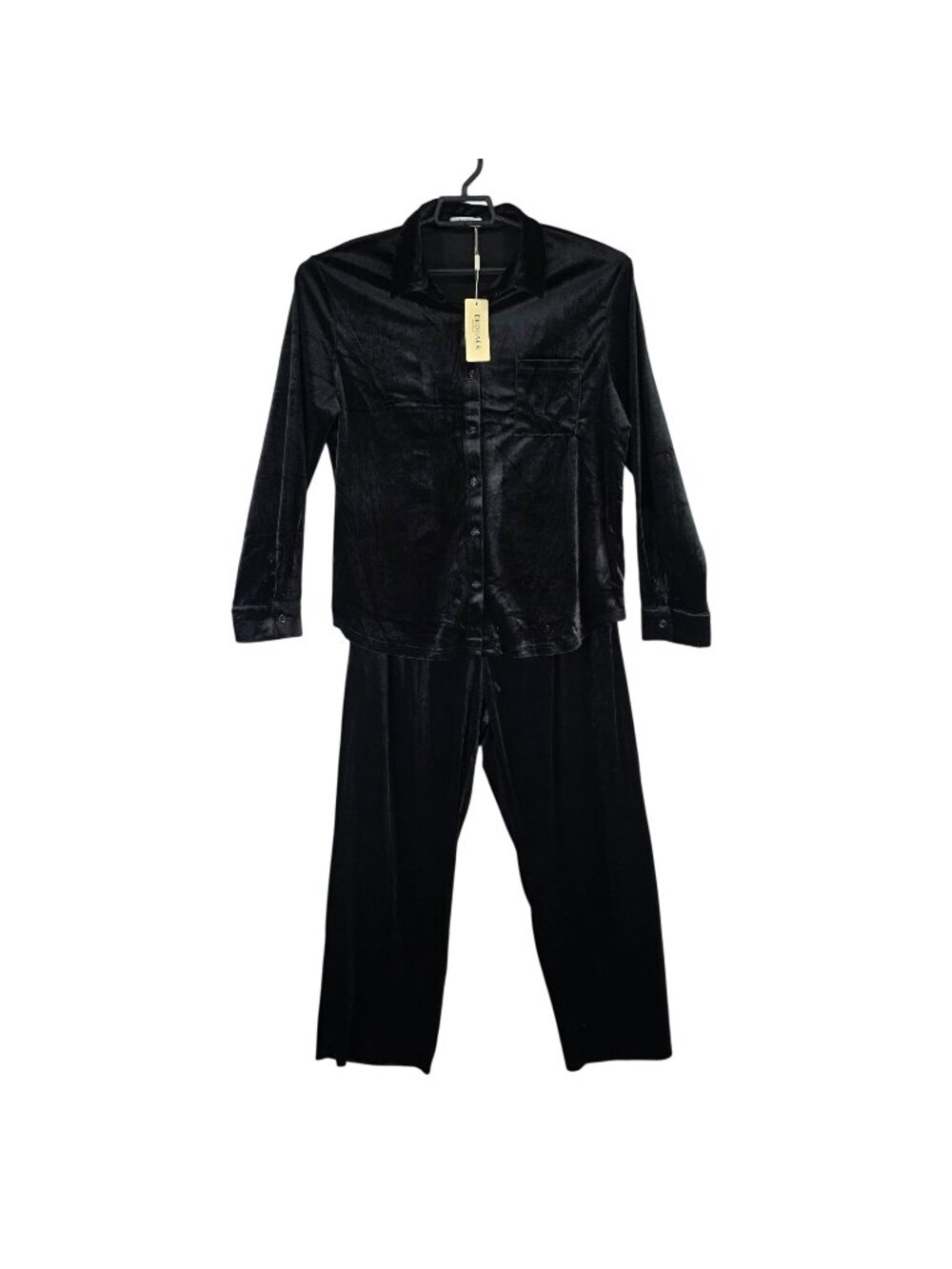 Womens Ekouaer Black Velvet Pajama Set Button Up Top Elastic Waist Pants Size L